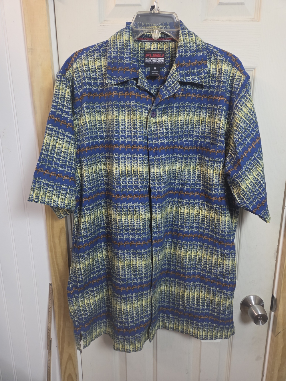FUBU Vintage Men's Short Sleeve Button-Up Shirt - Blue & Yellow Plaid